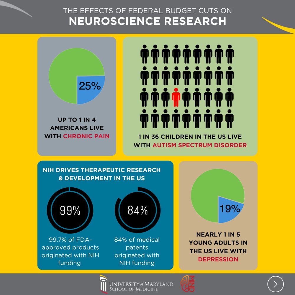 infographic on the effects of federal budget cuts on neuroscience research, showing graphics depicting the following points: 1) up to 1 in 4 Americans live with chronic pain; 2) 1 in 36 children in the US live with autism spectrum disorder; 3) NIH drives therapeutic research & development in the US; 99.7% of FDA-approved products originated with NIH funding; 84% of medical patents originated with NIH funding; 4) nearly 1 in 5 young adults in the US live with depression