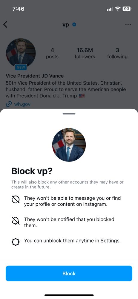 Instagram screenshot blocking JD Vance’s new Instagram account