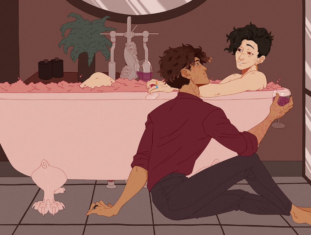 An illustration of two characters. They are in a bathroom with a claw-footed bathtub. Lawrence, who has pale skin and short, brown hair, sits in the pink bathtub surrounded by pink bubbles and holding a glass of wine. He is wearing a blue wedding ring, and smiling at his companion. Bentley, who has tanned skin and lighter brown hair, is sitting on the tiled floor next to the tub, also holding a glass of red wine. He is wearing a black wedding ring. He also sports scars on his arm and face, and is wearing a burgundy shirt and brown trousers. He smiles at his companion. There is a green plant under the mirror, and the bathtub faucet is decorated with clawed and scaled decor. 