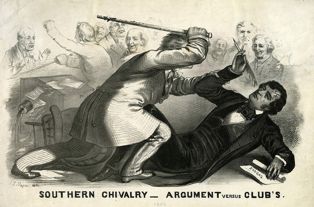 Print of a drawing reflecting the caning of Senator Charles Sumner (Mass.) by Representative Preston Brooks (S.C.) in May 1856 on the floor of the Senate.  The image is titled “Southern Chivalry - Argument versus Club’s”
