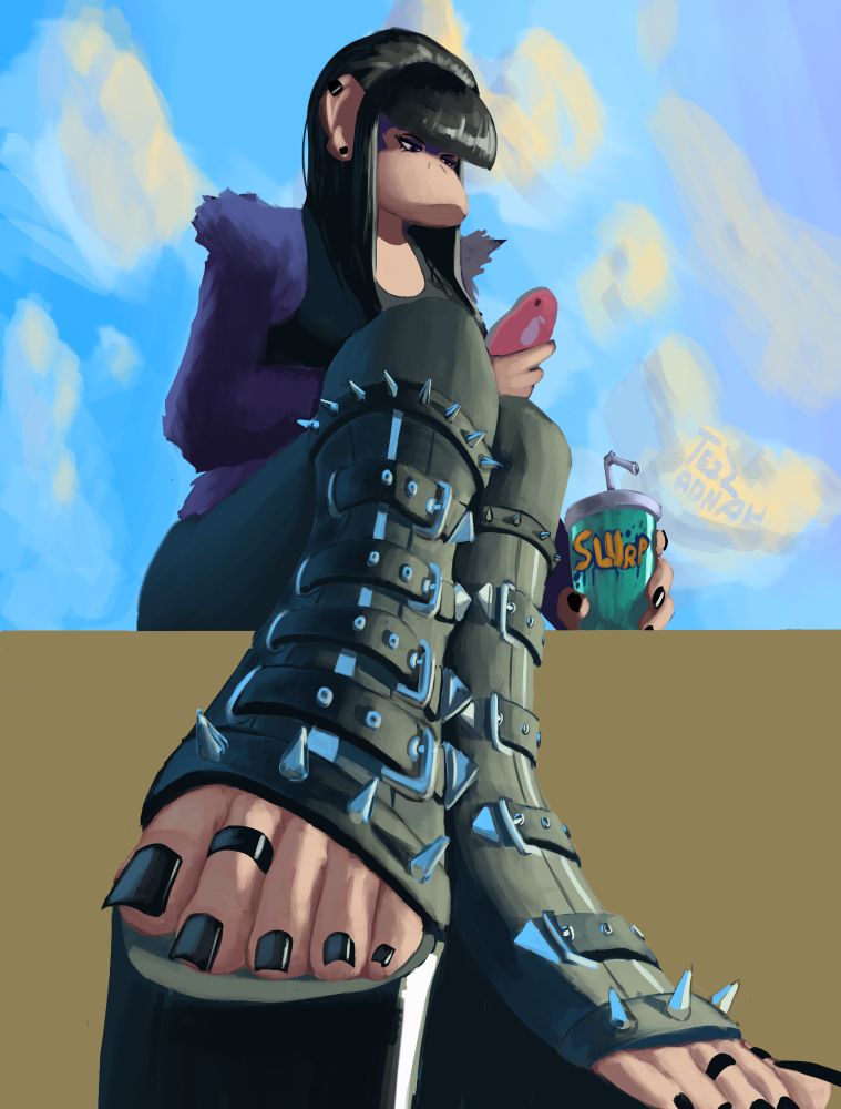 Low angle view of Beth sitting on her phone and slurping on some juice.
She's wearing boots with open space for toes.