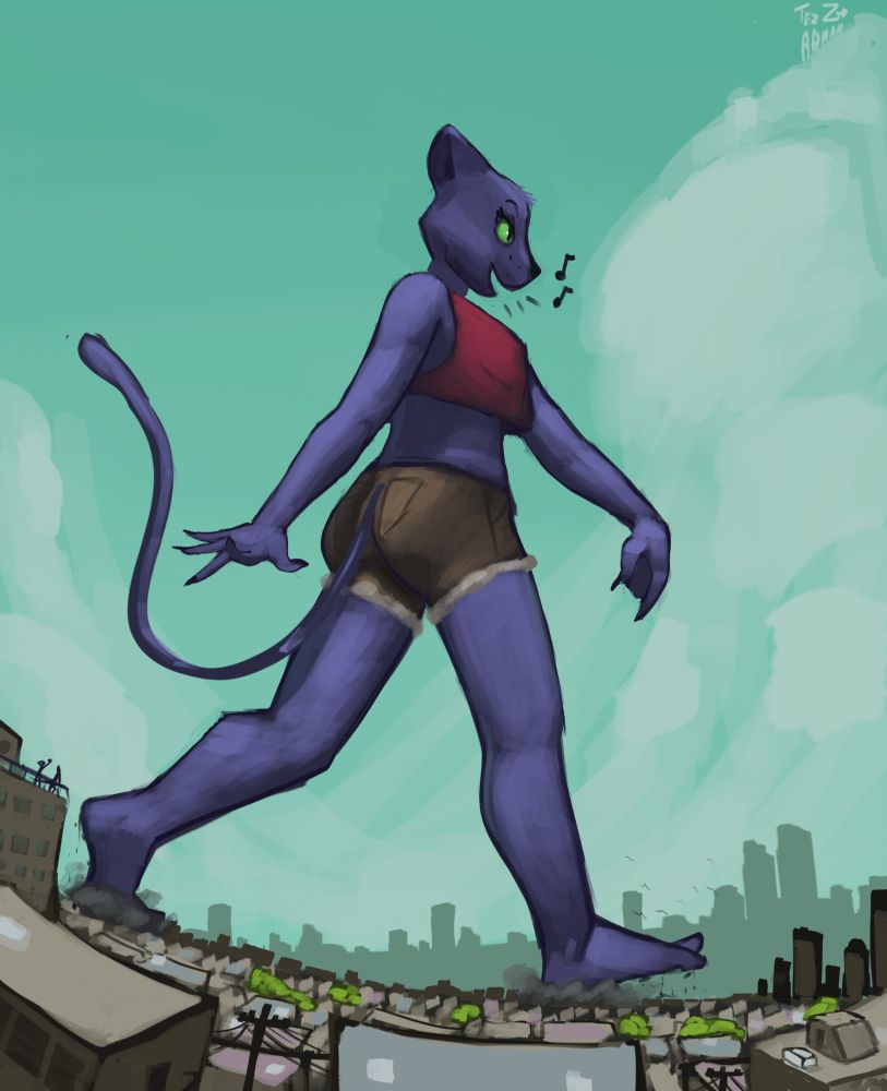 Huge panther lady taking a stroll through a small city, so small in fact that it looks like a carpet.
Her huge steps cause destruction, clouds of somoke rise from under her feet. She appears to be humming something.