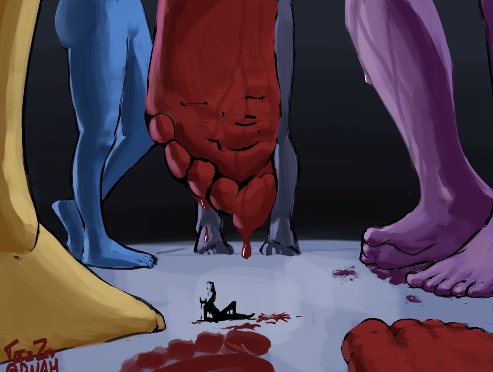 The focal point of the picture is a small, black humanoid lying down on the ground. Five pairs of giant legs gathered around it. Pink, Yellow, Blue, Gray and Red. They all leave colorful stains on the floor. Red foot rises over the black thing, hue dripps from it's toes. As the drops splash around the helpless little bug, it reaches out its hand towards the foot.