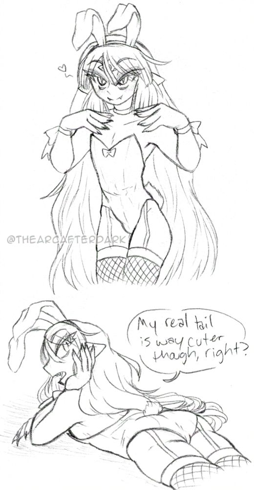 yuan with his hair down in a bunny suit and fishnet stockings, showing off. 2nd part he's laying on his stomach with his ass up, saying "My real rail is way cuter though, right?"