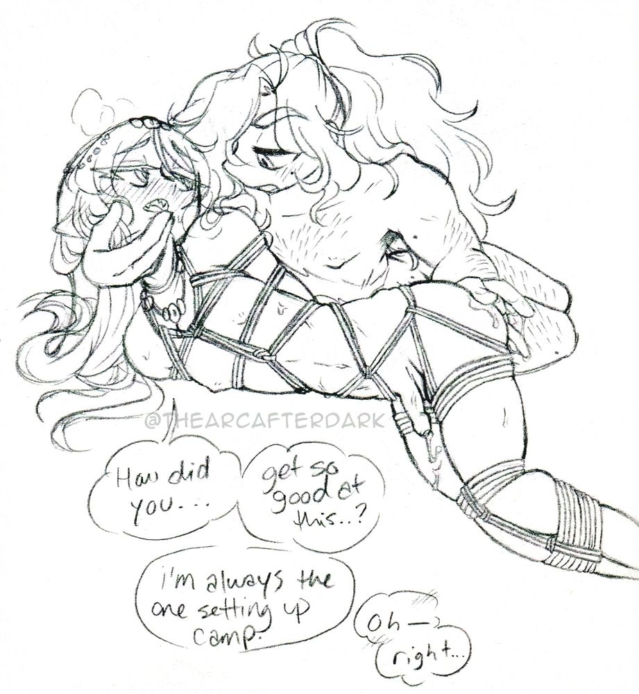 (2 men) Yuan is naked for all but his jewelry, full body tied up in shibari with arms behind his back. Kansi sits behind him with an arm behind Yuan's head, turning it to face him, and fingering him
Y:" How did you... get so good at this...?"
K: "I'm always the one setting up camp."
Y: "Oh—right..."
He just accepts that as an explanation. this is definitely what they teach you in scouts, trust me. Kansi never being one is irrelevant