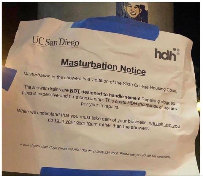 A prank reading "Masturbation Notice" and warning against excessive semen in university bathroom drains.