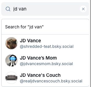 A search for "jd van" which returns results for JD Vance, JD Vance's Mom and JD Vance's Couch