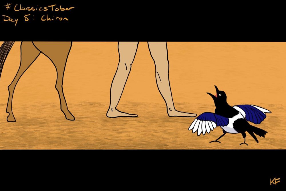 A magpie fledgling begs for food at the feet (two hooves, two human feet) of the centaur Chiron.