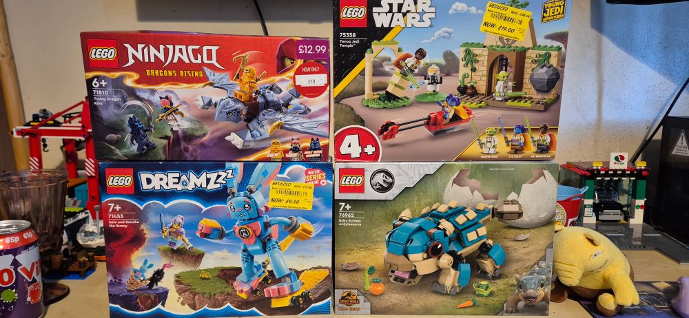 Four lego sets on a desk, positioned like a square with two on top of the other two. The sets are 71810 Young Dragon Riyu, 75358 Tenoo Jedi Temple, 71453 Izzie and Bunchu the Bunny, and 76962 Baby Bumpy Ankylosaurus. A small Drowzee plush from pokémon sits to the right of the lego sets facing.