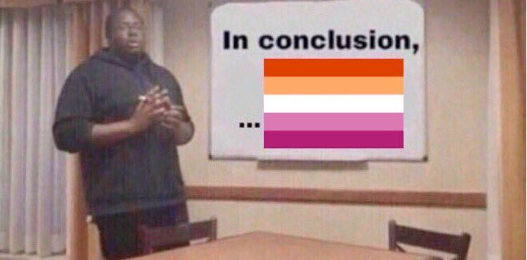 a grainy, low resolution image of a man standing next to a presentation screen. the screen has been edited to say "In conclusion,..." with the lesbian flag added beneath.