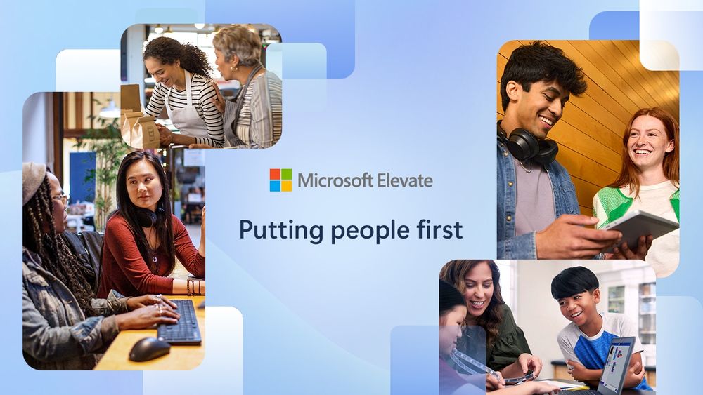 Promotional graphic for Microsoft Elevate with the slogan 'Putting people first.' The image features a collage of diverse individuals: two people chatting over coffee in the top left, two working on laptops in a casual setting below, three reviewing a book on the right, and two children using a laptop with an adult in the bottom right. The background has a blue-to-white gradient with overlapping rounded square shapes.