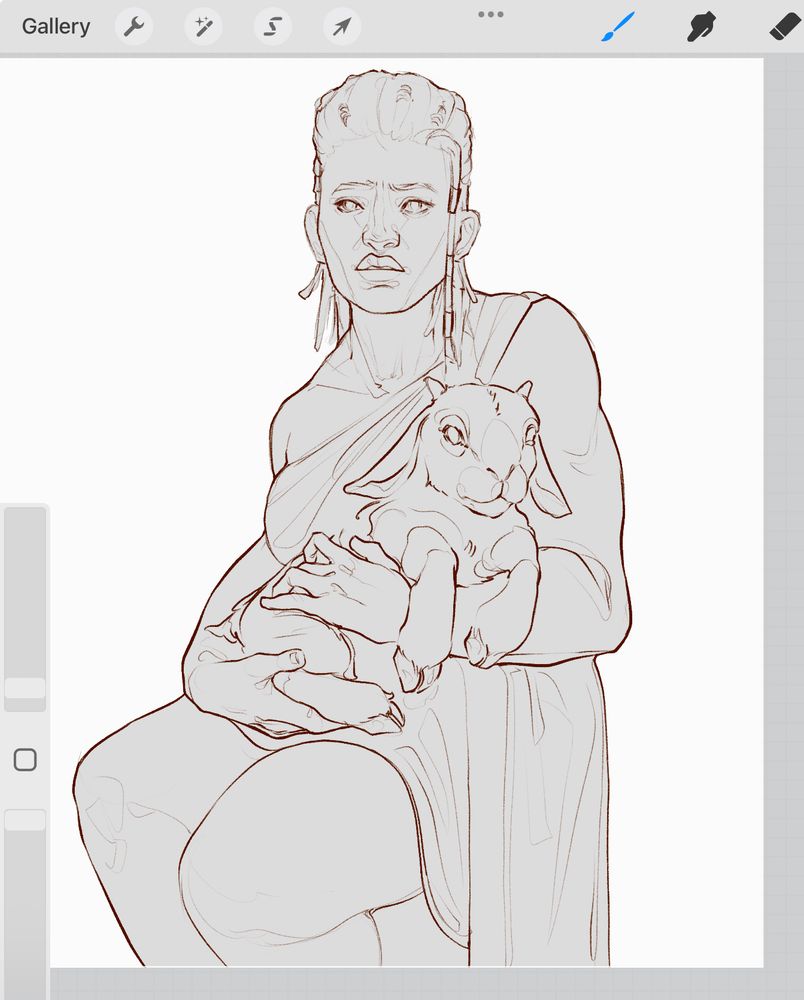 Digital drawing of a young Ambessa Medarda from Arcane, seated and holding a lamb in her lap. She wears a draped white cloth over one shoulder, Her expression is serious.
The lamb, relaxed in her arms, wears a beaded blue necklace. The background is plain white, drawing attention to the figures.