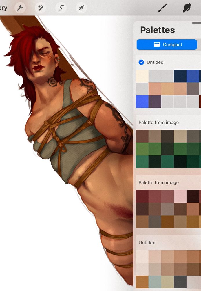 Digital drawing of Vi from the show Arcane. Vi is tied to a post. Rope binding her chest in a harness, a rope tight across her waist and binding her legs shut. 