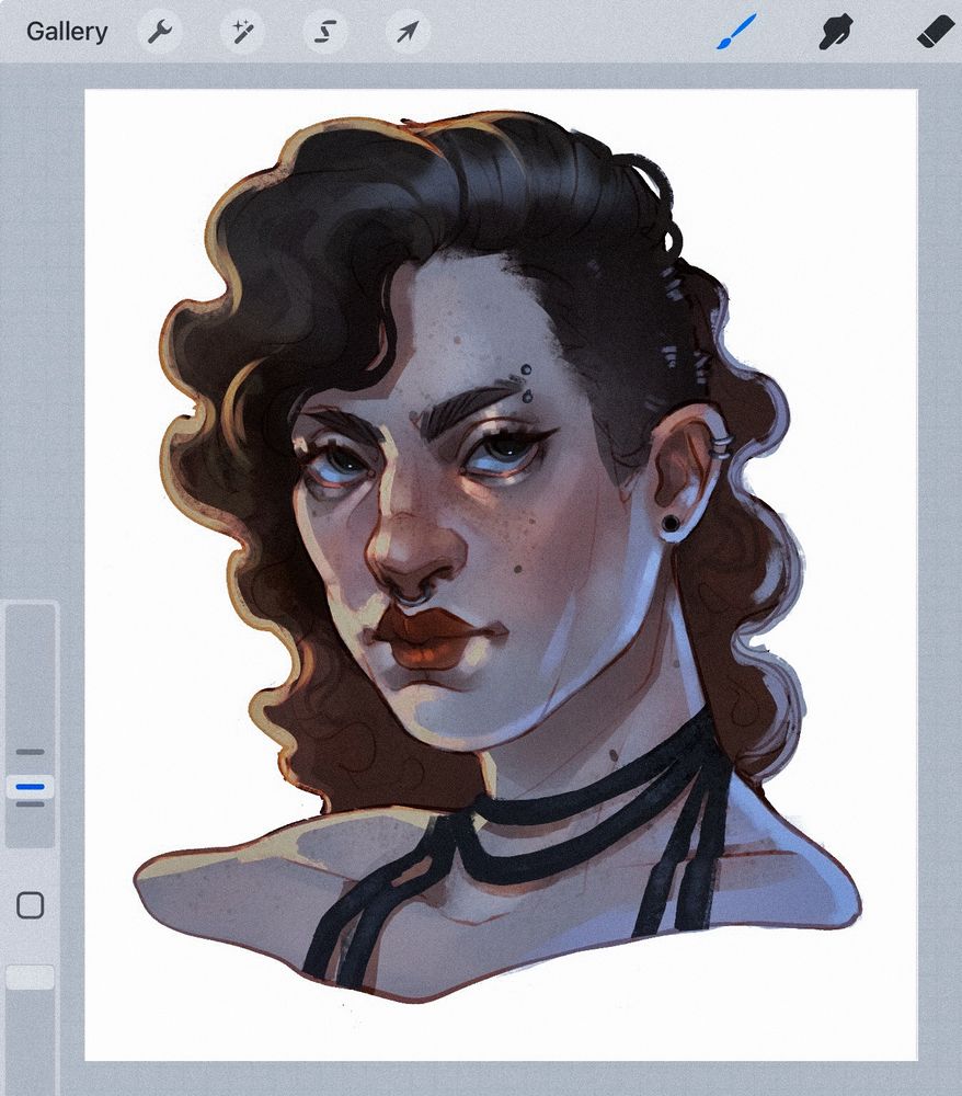Digital portrait drawing of a femme presenting character, brown hair with a side shave. They are looking fire that the viewer with green grey eyes. They have read lips and thick eyebrows. Freckles, and piercings in their septum, and ears.