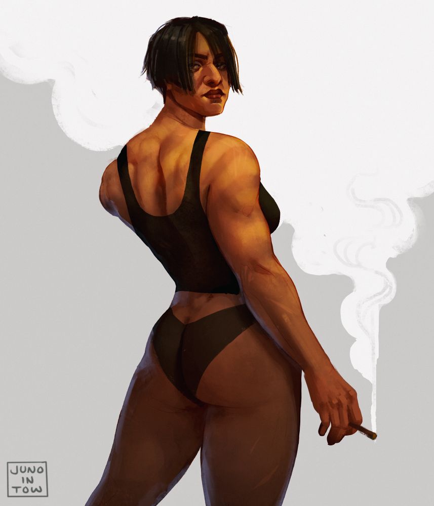 Sevika from Arcane. A figure drawing study focused on her back and glutes. She stands with her back turned, looking over her shoulder, muscles defined and highlighted by cascading light. A smoking cigar rests in her hand