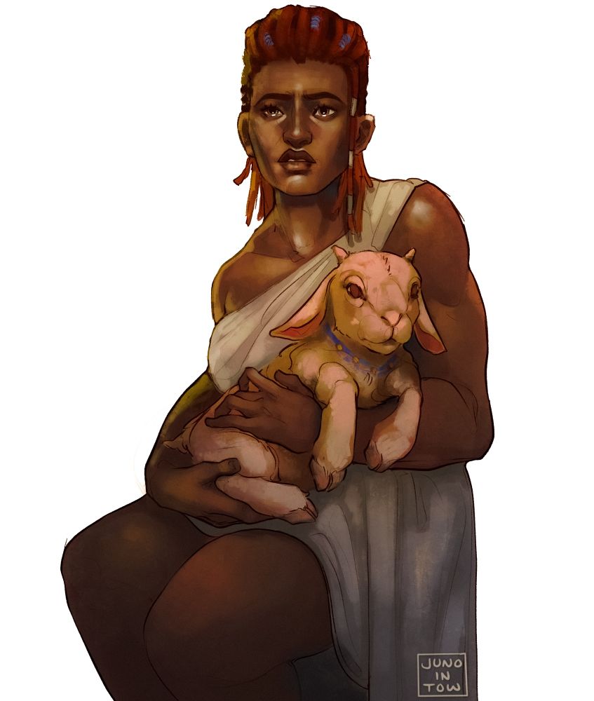 Digital drawing of a young Ambessa Medarda from Arcane, seated and holding a lamb in her lap. She wears a draped white cloth over one shoulder. Her expression is serious. The lamb, relaxed in her arms, wears a beaded blue necklace. The background is plain white, drawing attention to the the figures.