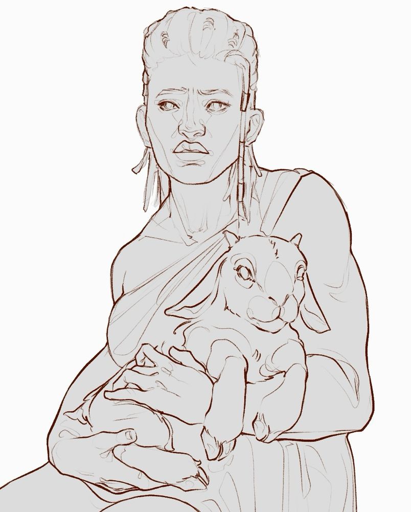 Digital drawing of a young Ambessa Medarda from Arcane, seated and holding a lamb in her lap. She wears a draped white cloth over one shoulder, Her expression is serious.
The lamb, relaxed in her arms, wears a beaded blue necklace. The background is plain white, drawing attention to the figures.