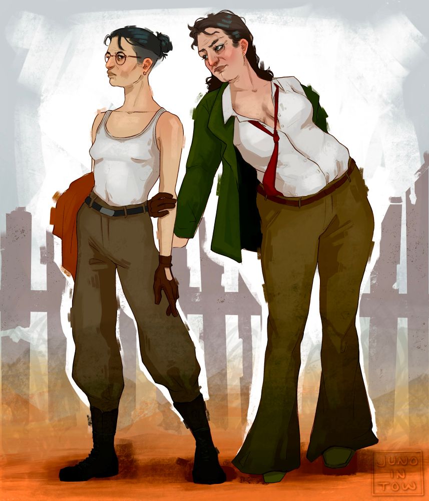 A digital drawing of Harrier "Harry" Du Bois and kim kitsuragi from the video game Disco Elysium genderbent as women. Lesbians if you will.
