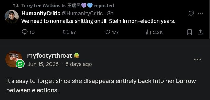 A screenshot of a Twitter post from Humanity Critic: "We need to normalize shitting on Jill Stein in non-election years."

A reply from tumblr user myfootyrthroat: "It's easy to forget since she disappears entirely back into her burrow between elections."