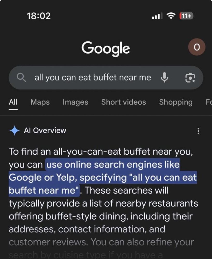 A screenshot of Google search results.  The search is, "all you can eat buffet near me."

Instead of a map, the AI overview goes into a paragraph on how you can use online searches (like Google) to find "all you can eat buffet near me" (the search that was just typed in).