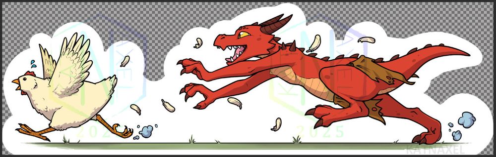 A sticker design of a red kobold in a brown loincloth happily chasing after a cream colored chicken. Feathers float in the air amid the pursuit. 