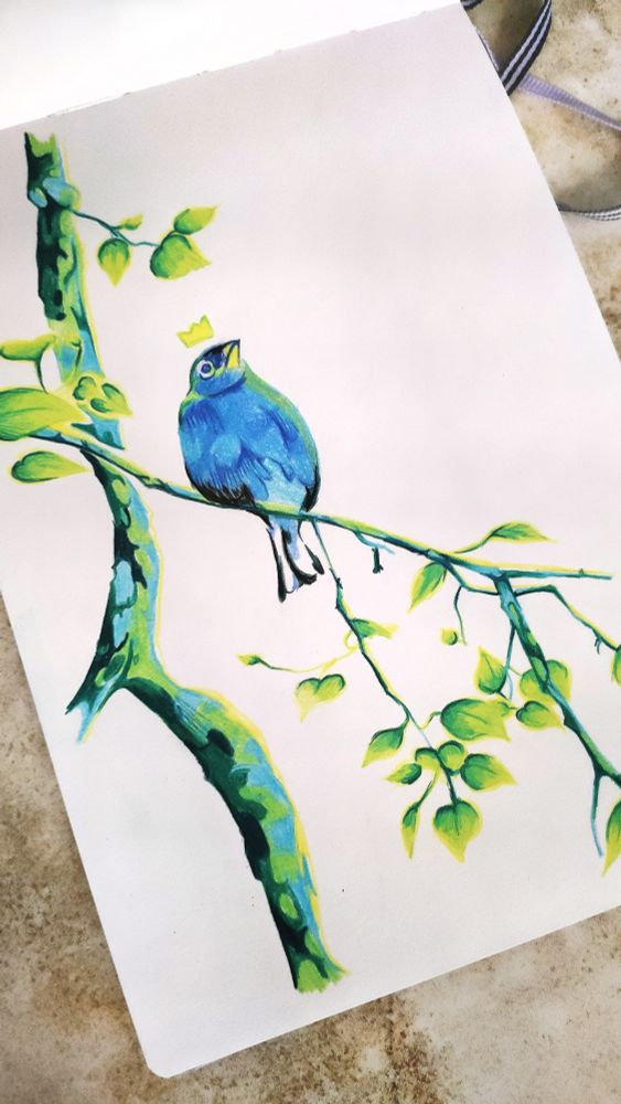 A blue bird perched on its branch
Sketch done with colored pencils in shades of green and blue