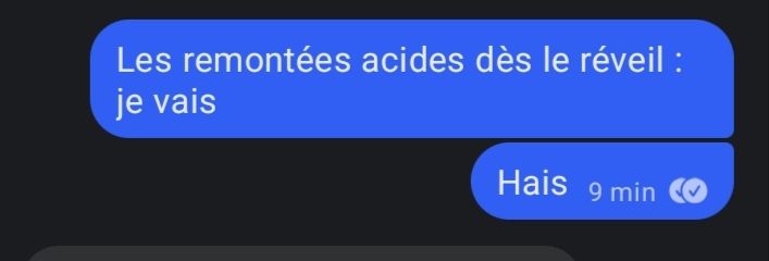 Capture d'écran d'une conversation Signal indiquant "les remontées acides dès le réveil : je hais"