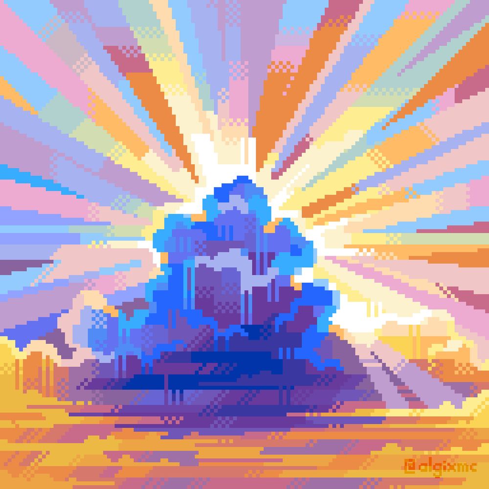 a colourful pixelart drawing of  a sky with clouds on the bottom half, changing from orange to blue tones as they hide the light source. vibrant rays of light beam from behind the cloud.