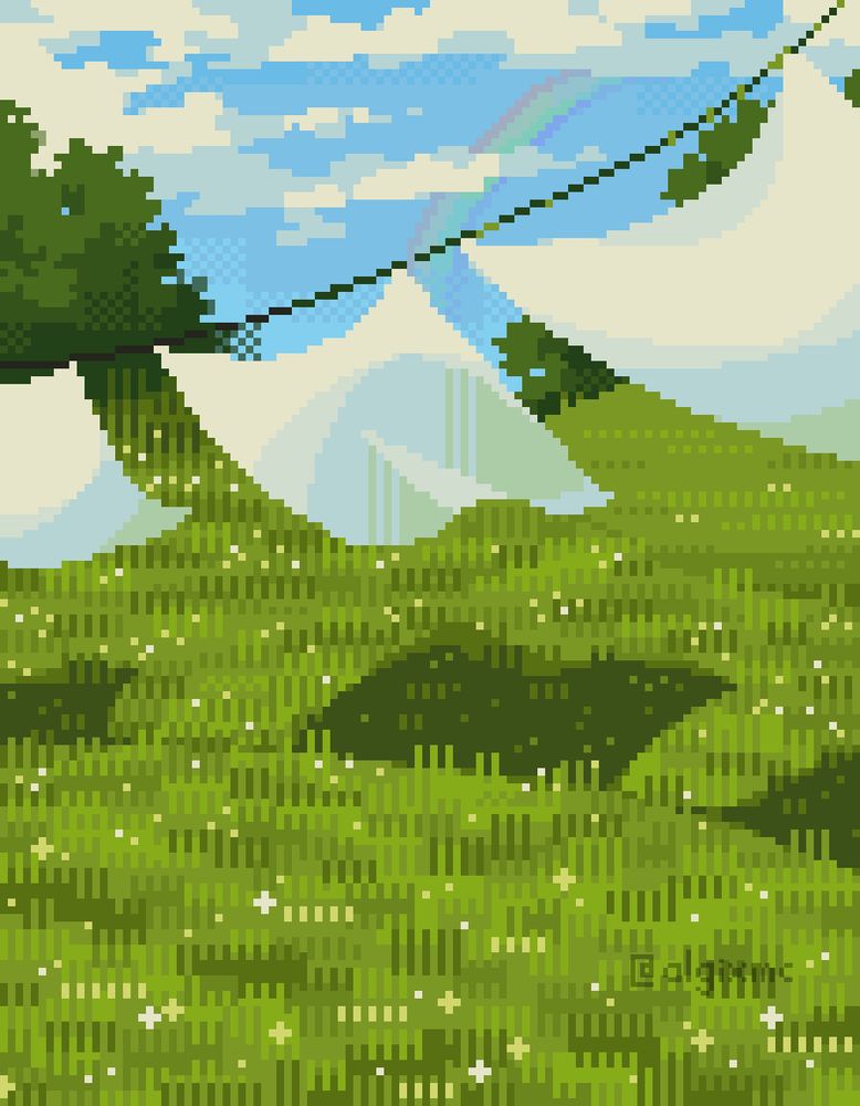 pixelart depiction of a clothesline with fluttering white sheets over a grass field, with trees lining the horizon and a rainbow in the distance