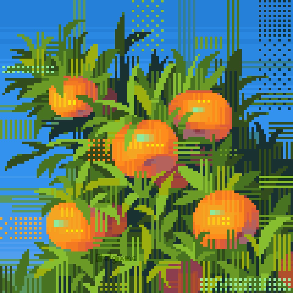 a pixelart drawing of part of a tangerine tree in front of a blue sky