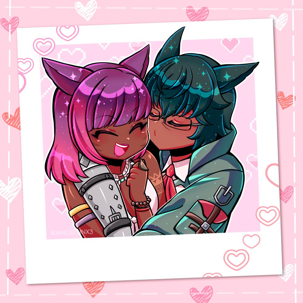 A drawing of a photograph of Second Promise Koana and Warrior of Light Asylina, where Koana has his arms around her and is pursing his lips to kiss her cheek while she laughs with joy.