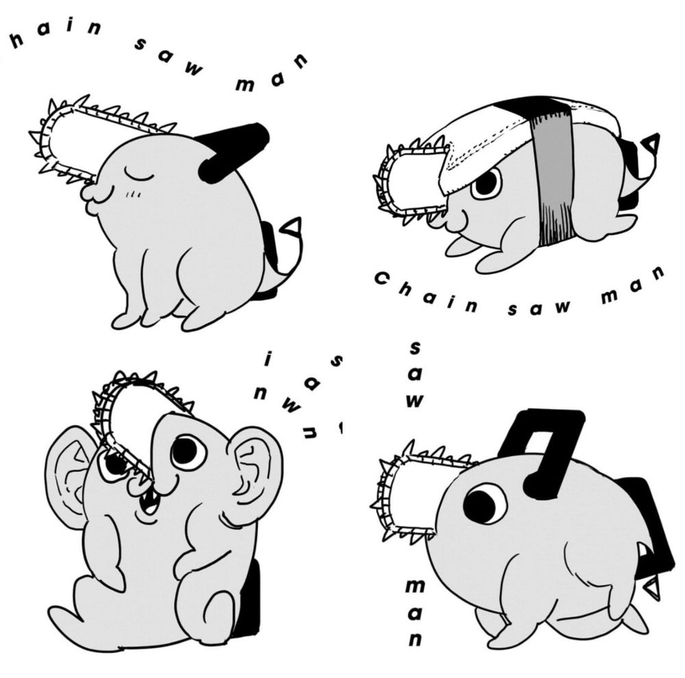 Four different manga illustrations of Pochita from chainsaw man. Pochita being a cartoon chainsaw dog. A content Pochita, a sushi Pochita, a Pochita with large ears, and a Pochita without a mouth