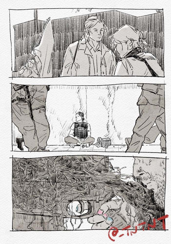 映画「シビル・ウォー」のスチールから3枚のらくがき。ジャーナリストたち、銃を持つ手。