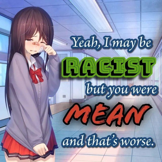 Meme. An anime schoolgirl is crying and wipes away a single tear with her finger. Text reads: "Yeah, I may be RACIST but you were MEAN and that's worse."