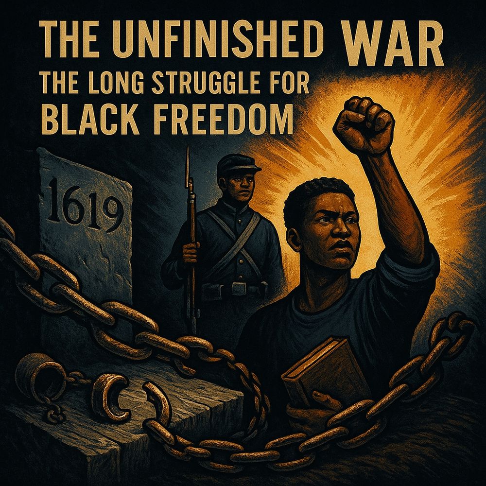 A stirring illustration titled “The Unfinished War: The Long Struggle for Black Freedom,” showing three eras linked by broken chains. On the left, a stone engraved “1619” anchors the image; a Civil War soldier stands guard in the center; and on the right, a modern Black man raises his fist while holding a book, bathed in golden light that symbolizes hope and resistance.