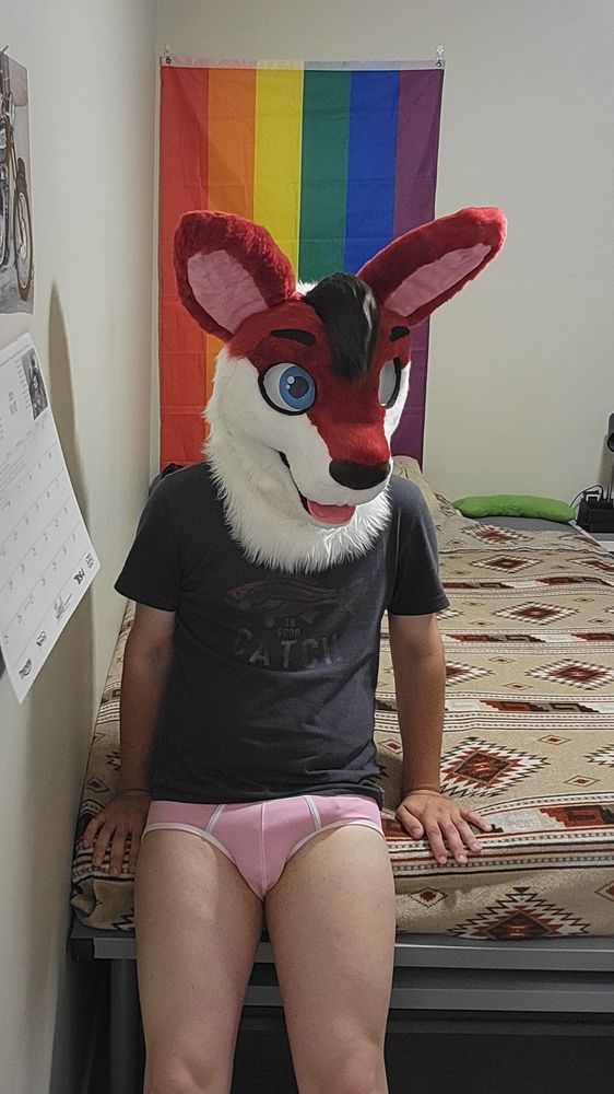 A fursuiter wearing a red kangaroo fursuit head is leaning back on their bed, looking towards the viewer as their bulge is visible in their pink briefs