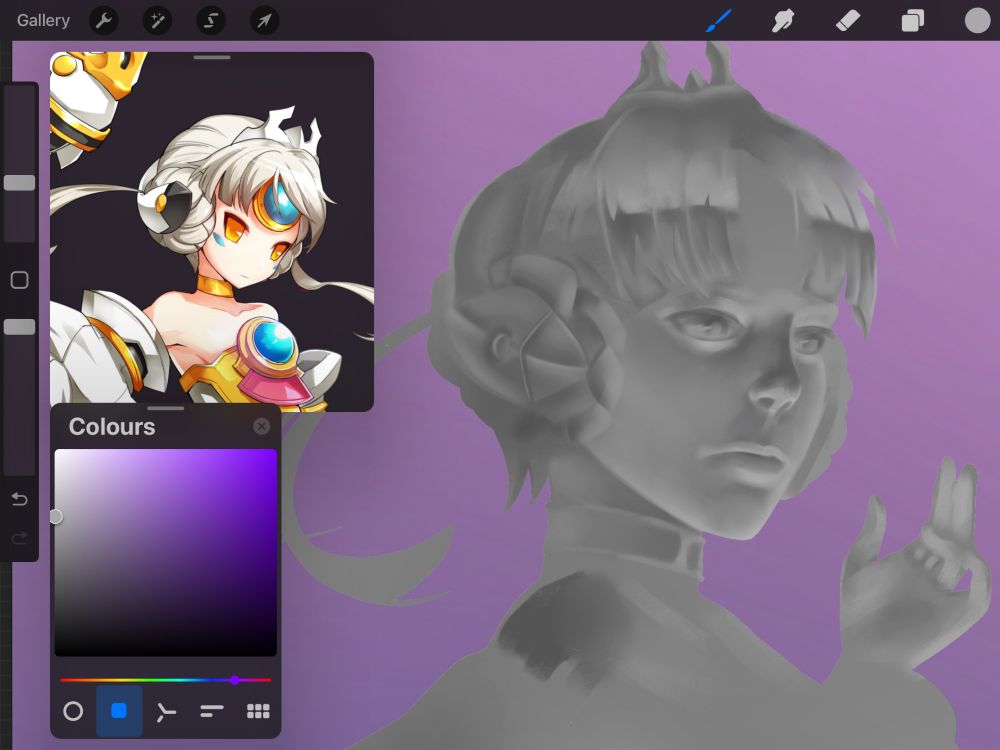 Black and white work in progress of a girl's portrait 