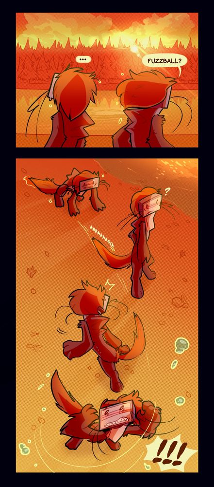 Razor se levanta, olha pros lados perguntando "Fuzzball?", ela procura Fuzzball e depois percebe os pelos presos na sua cachola