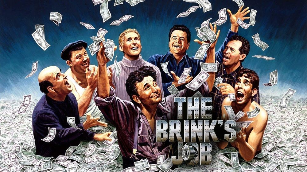 Cartoon illustration of the cast from the 1978 film The Brinks Job, including Peter Falk and Peter Boyle.