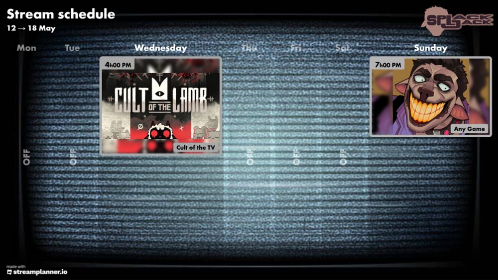 A television themed streaming schedule that shows Cult of the Lamb on wednesdays and "any game" on sundays.