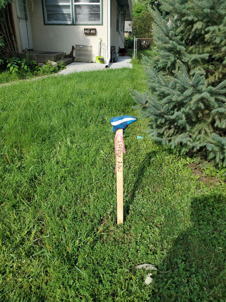 Baby shoe on a lot line marker. 