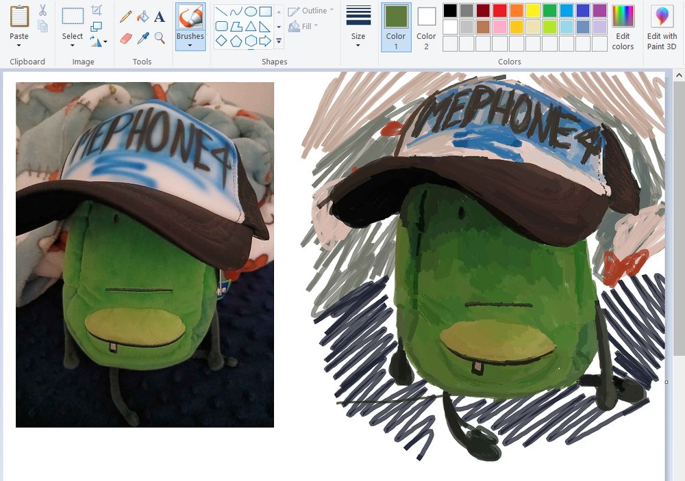 A MS Paint screenshot with an image of a Liam Plecak plush with a hat on, alongside a painted version of the plush to the right. The hat is airbrushed in blue and black to say "MEPHONE4."