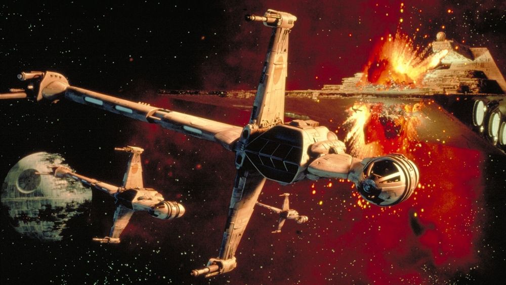 Star wars B-wings looking cool, flying away from an exploding star destroyer with a death star in the background