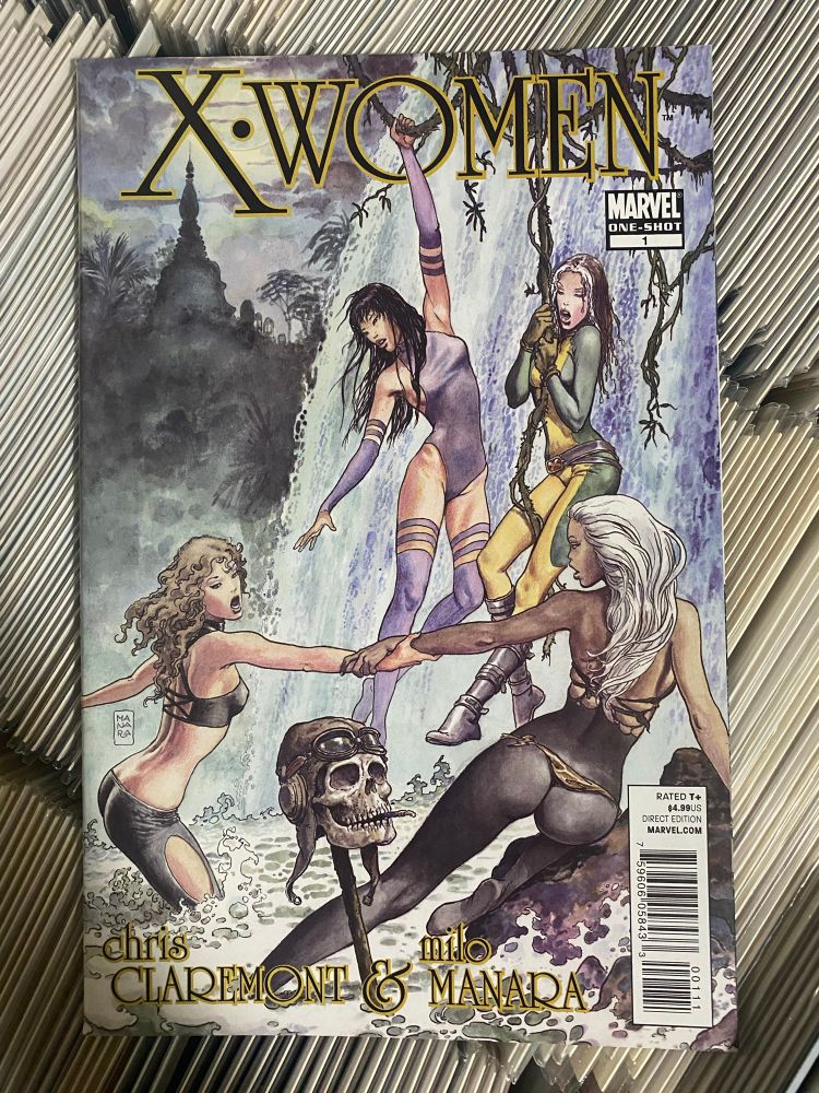 Alt text: A comic book. The title is X-Women and it was written by Chris Claremont, with art by Milo Manara. The remarkable thing about that is that Milo Manara is largely known for his work in porn. Thus, the X-Women on the cover here (Rogue, Storm, Psylocke, and Kitty Pryde) are all bending and stretching to show off their physical attributes to best advantage. The effect is heightened by the tightness of all their clothing.