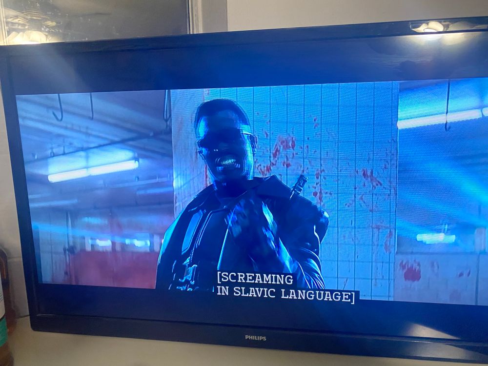 Alt text: Photo of a television playing the 1998 movie Blade. Blade is standing in front of blood-spattered walls, grinning and pumping his fist.