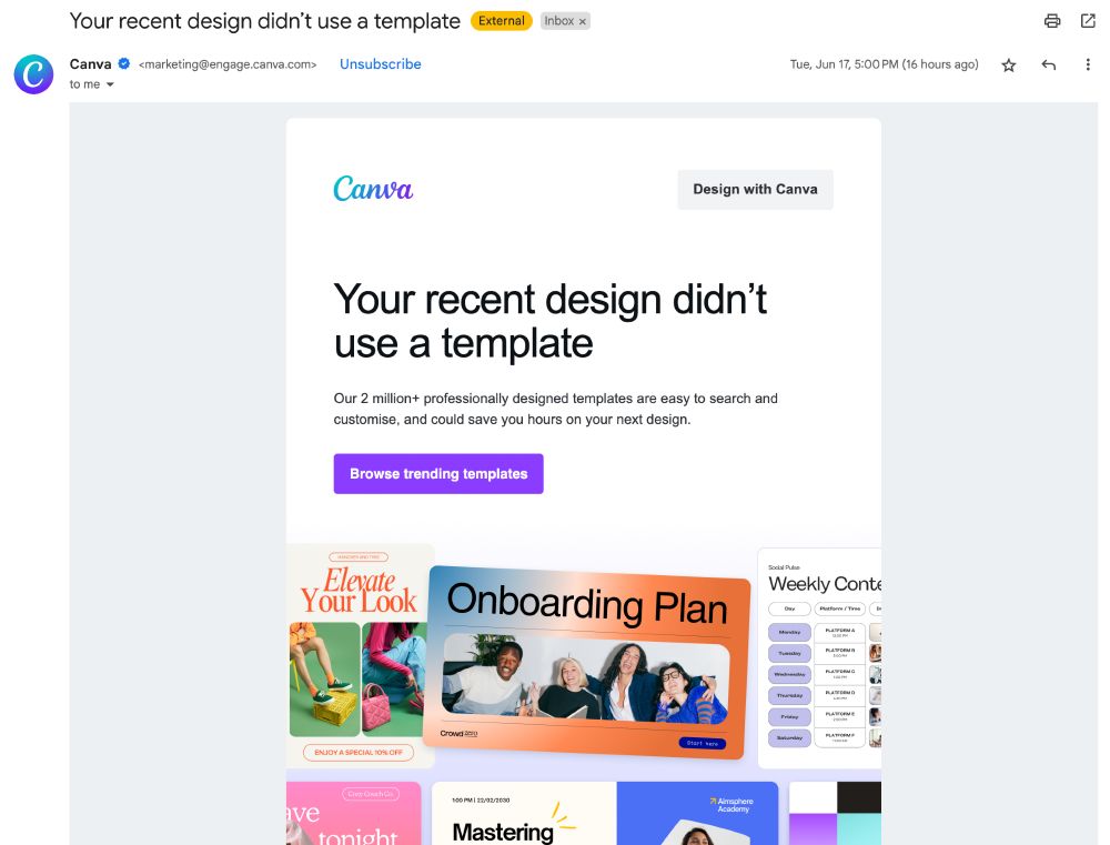 Screenshot of an email from Canva with the headline reading "Your recent design didn't use a template". Implied: "HOW DARE YOU!"