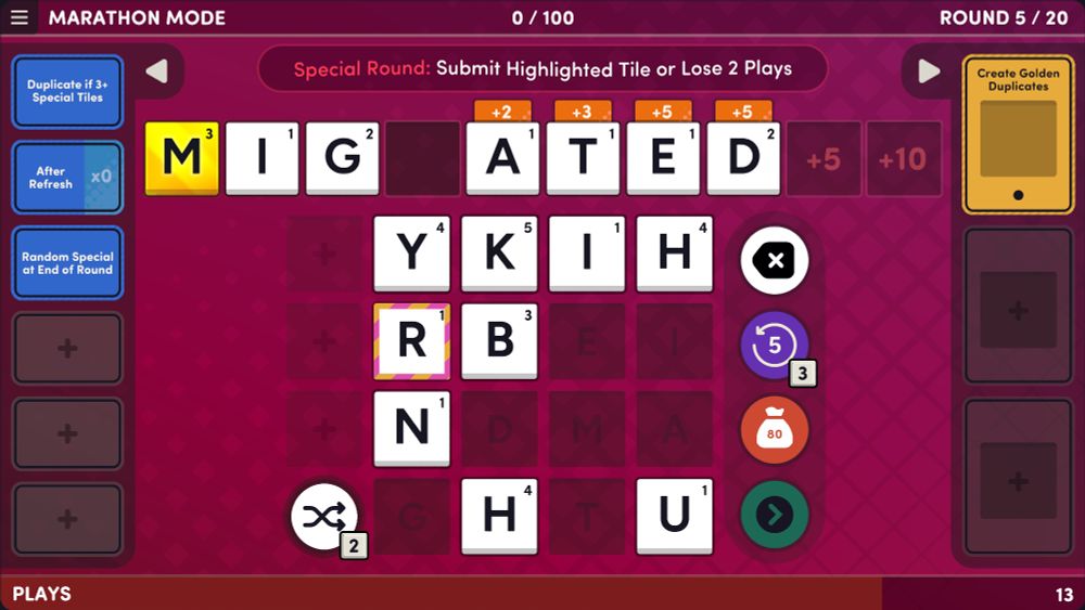 Screenshot of the game Word Play with the word MIGRATED being spelled during a special round