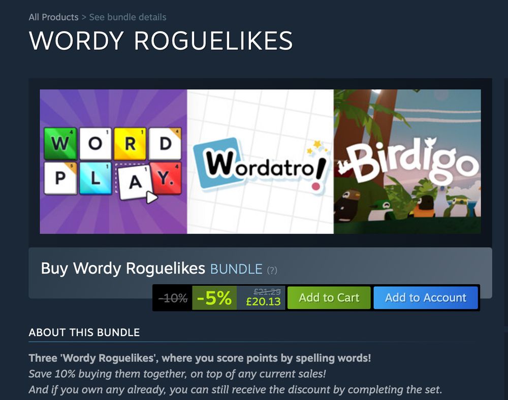Steam bundle with Word Play, Wordatro!, and Birdigo