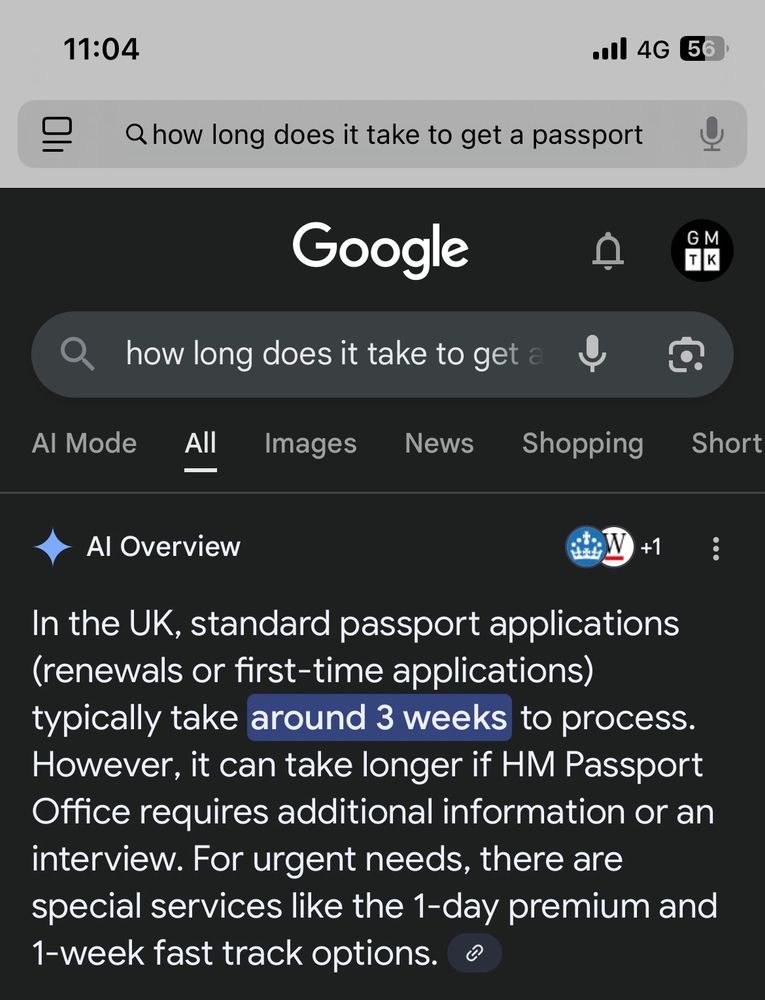 Google search result for “how long does it take to get a passport” with an AI overview