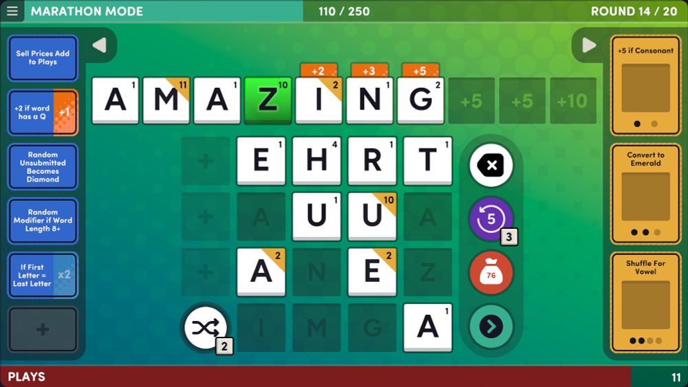 Screenshot of the game Word Play with the word AMAZING being spelled